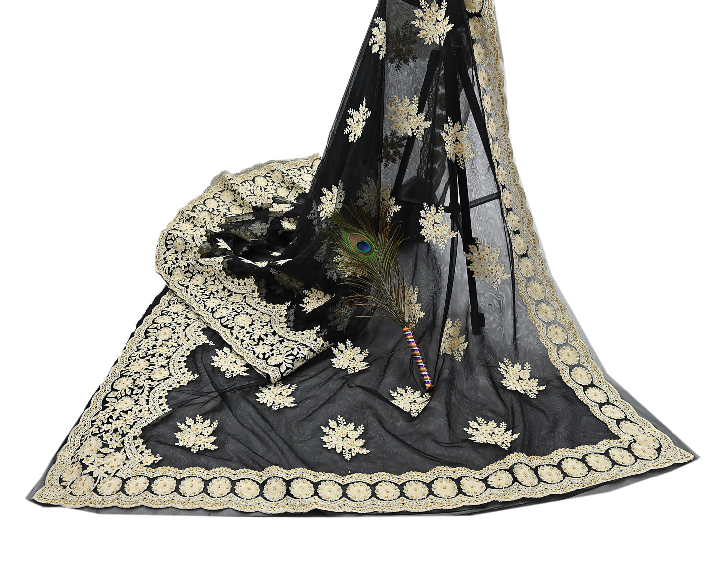 Indian Vintage Black Net Saree Heavy Hand Embroidery 6Yards Soft Mesh Fabric Ideal for Crafting Wedding Wear Bollywood sarees