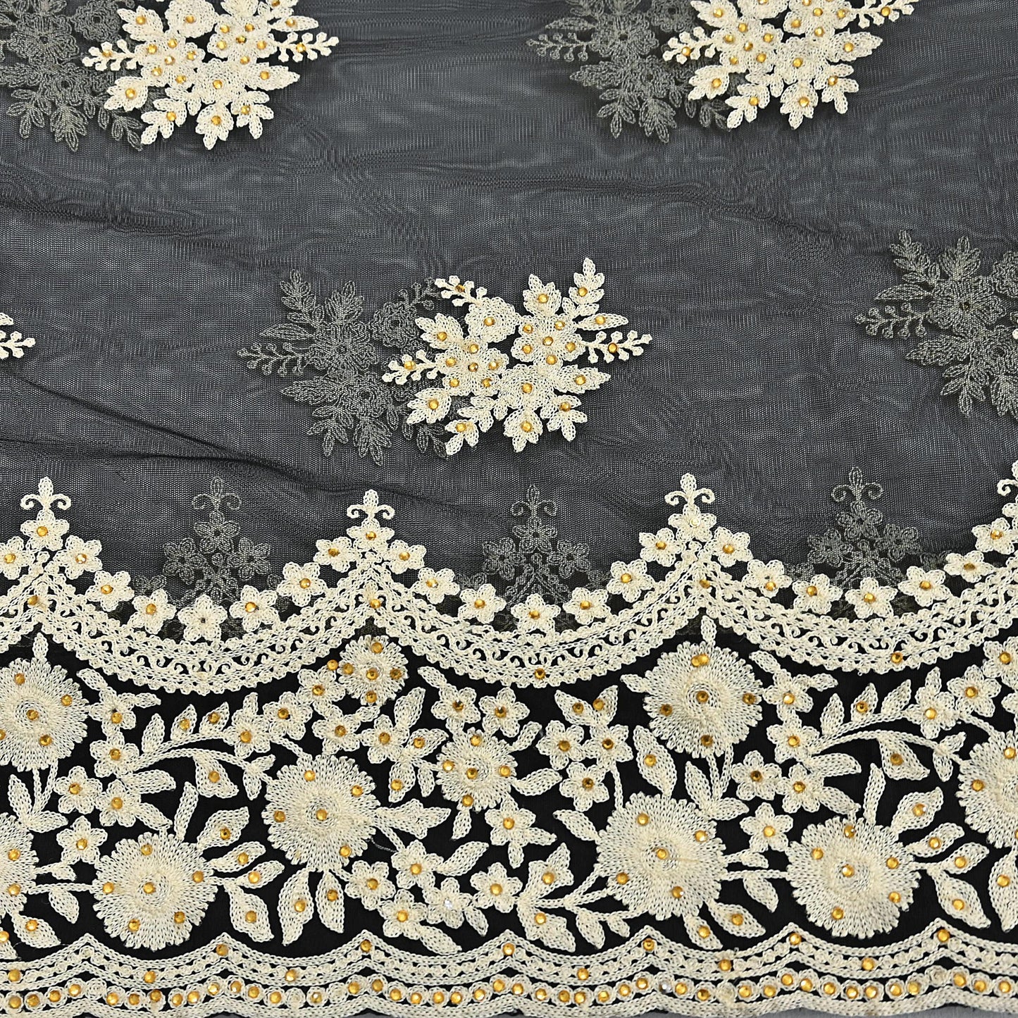 Indian Vintage Black Net Saree Heavy Hand Embroidery 6Yards Soft Mesh Fabric Ideal for Crafting Wedding Wear Bollywood sarees