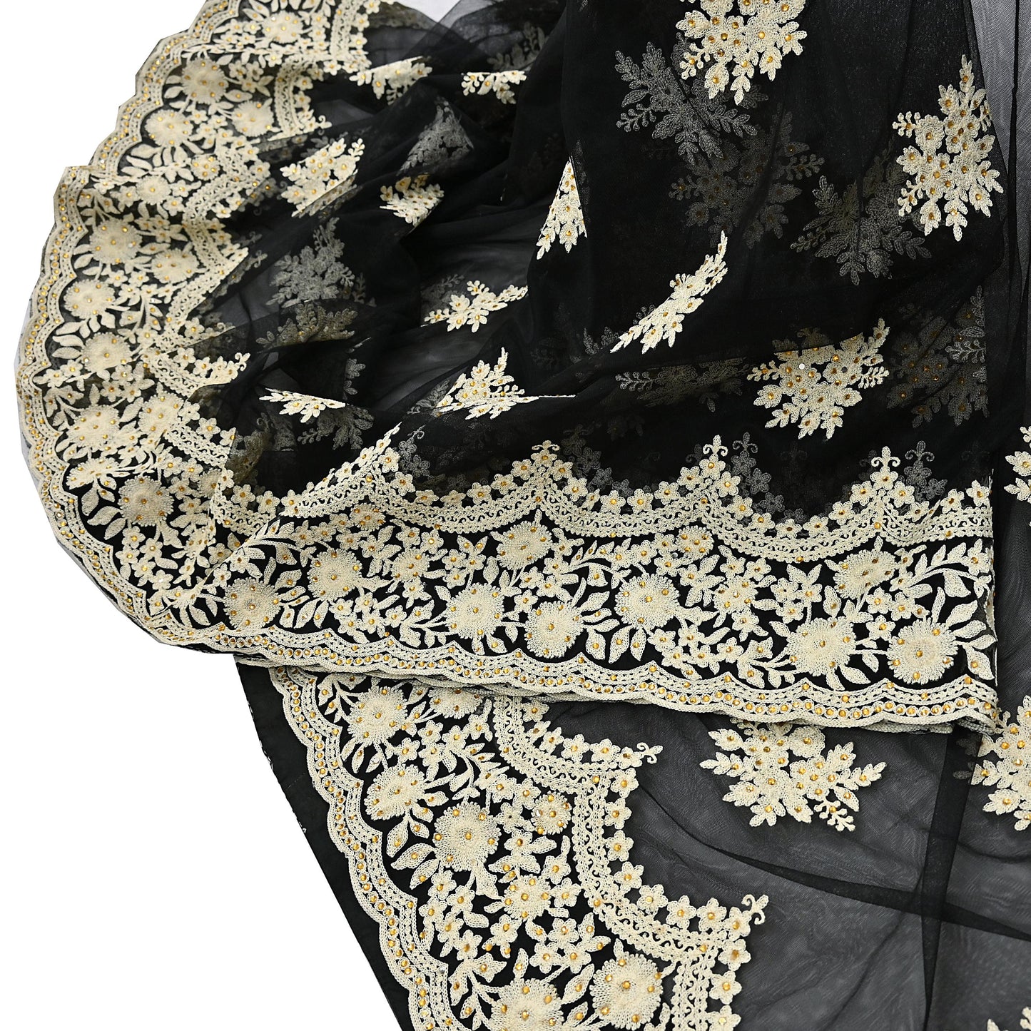 Indian Vintage Black Net Saree Heavy Hand Embroidery 6Yards Soft Mesh Fabric Ideal for Crafting Wedding Wear Bollywood sarees