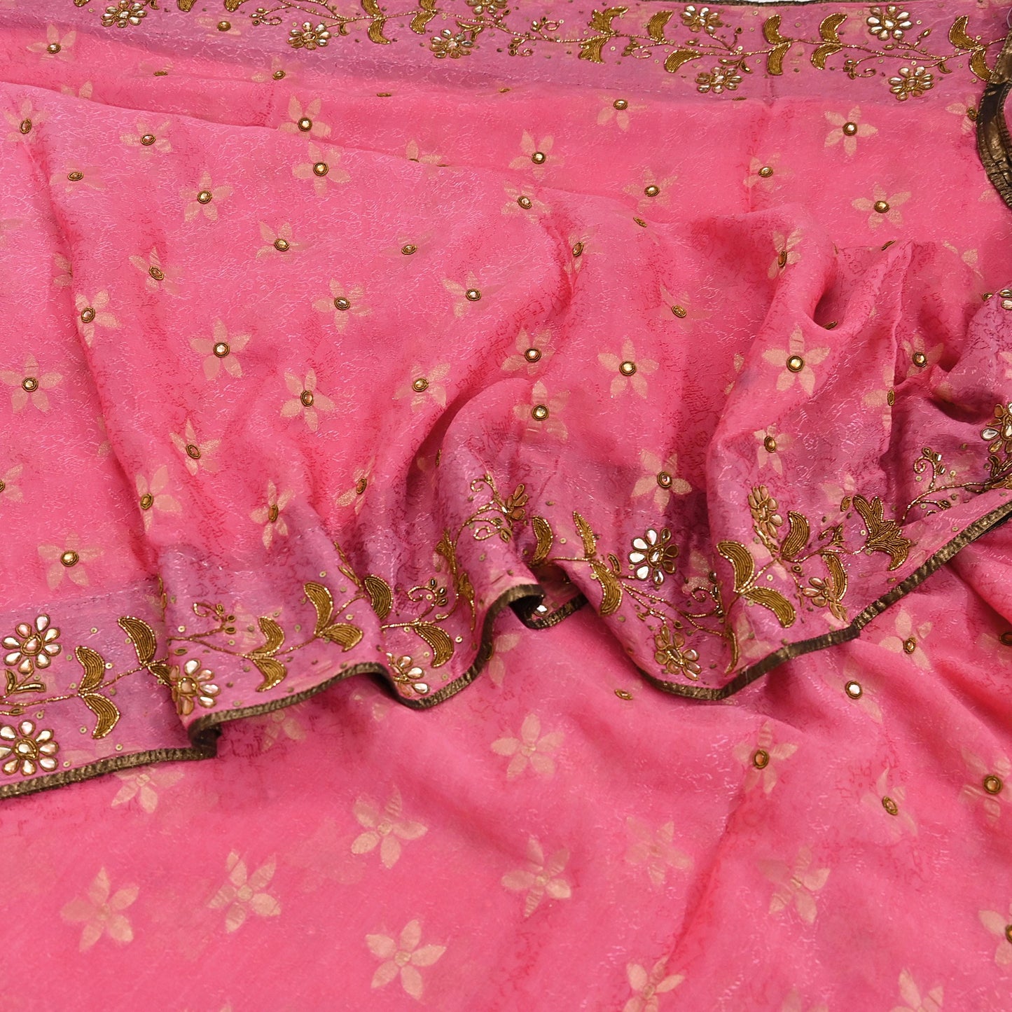 Indian Vintage Pink Saree Pure Silk Hand Embroidered Sari Fabric 6Yd Sewing Soft Zardozi/Dabka Dress Making Bollywood Party Sarees