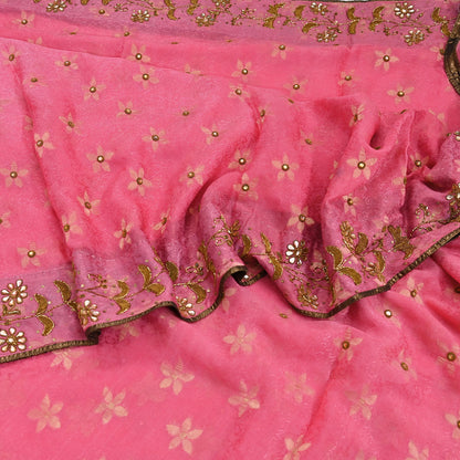 Indian Vintage Pink Saree Pure Silk Hand Embroidered Sari Fabric 6Yd Sewing Soft Zardozi/Dabka Dress Making Bollywood Party Sarees