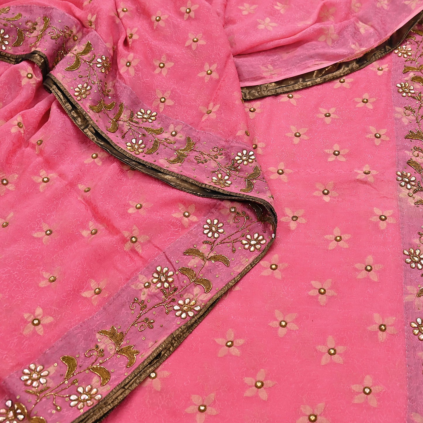 Indian Vintage Pink Saree Pure Silk Hand Embroidered Sari Fabric 6Yd Sewing Soft Zardozi/Dabka Dress Making Bollywood Party Sarees
