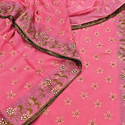 Indian Vintage Pink Saree Pure Silk Hand Embroidered Sari Fabric 6Yd Sewing Soft Zardozi/Dabka Dress Making Bollywood Party Sarees