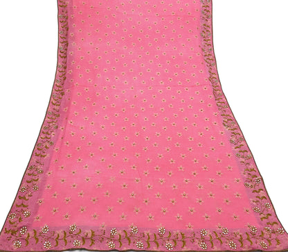 Indian Vintage Pink Saree Pure Silk Hand Embroidered Sari Fabric 6Yd Sewing Soft Zardozi/Dabka Dress Making Bollywood Party Sarees
