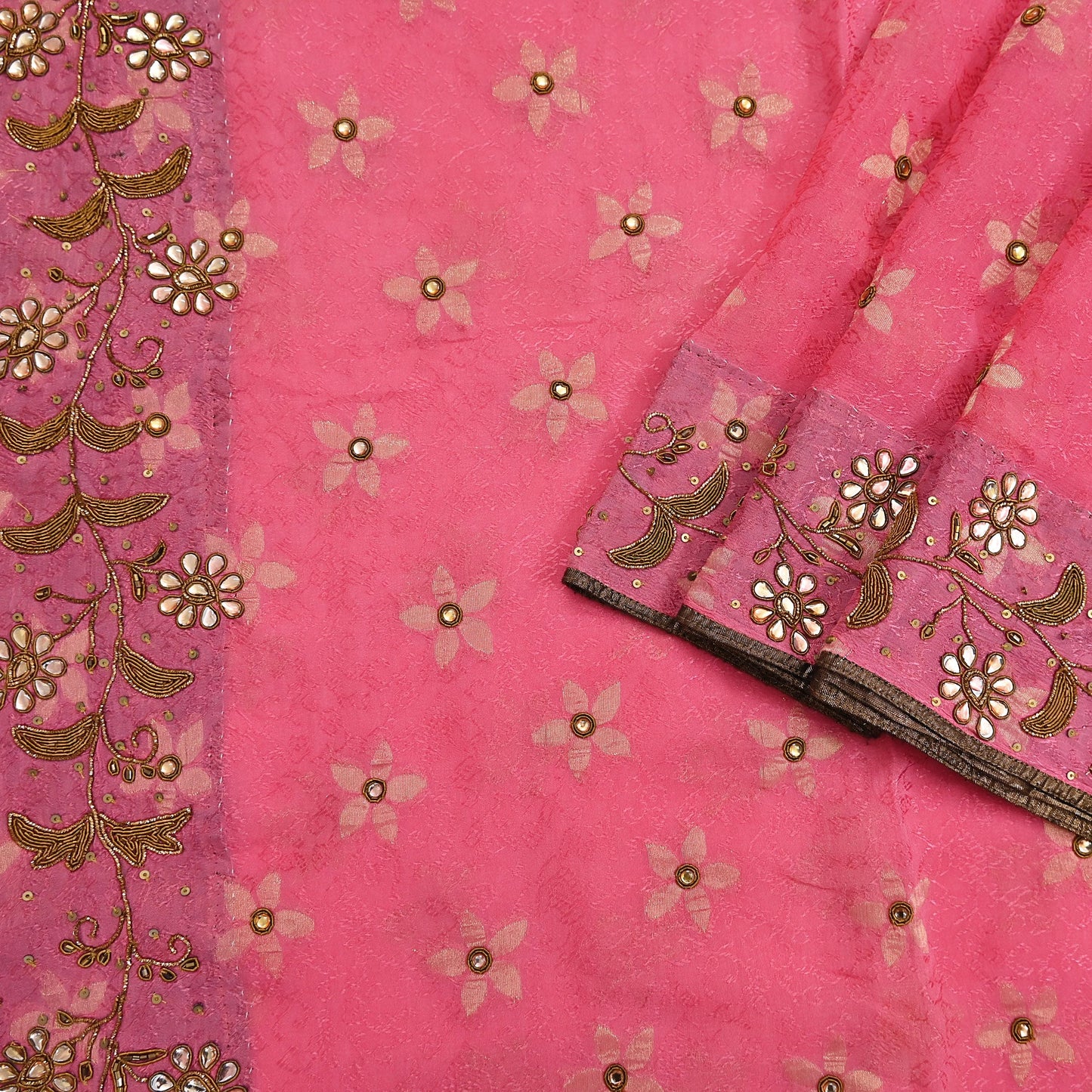 Indian Vintage Pink Saree Pure Silk Hand Embroidered Sari Fabric 6Yd Sewing Soft Zardozi/Dabka Dress Making Bollywood Party Sarees