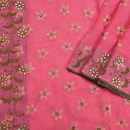 Indian Vintage Pink Saree Pure Silk Hand Embroidered Sari Fabric 6Yd Sewing Soft Zardozi/Dabka Dress Making Bollywood Party Sarees