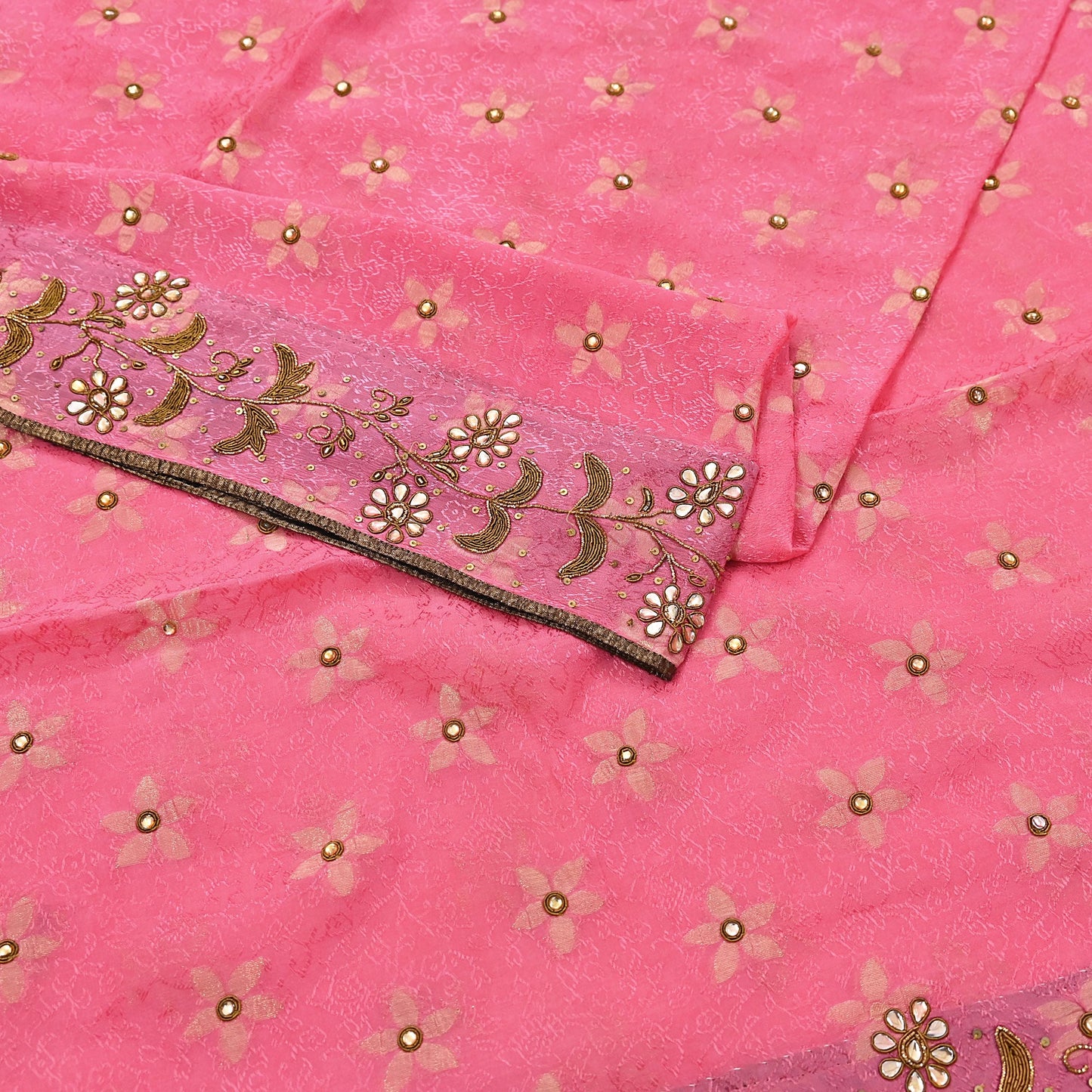 Indian Vintage Pink Saree Pure Silk Hand Embroidered Sari Fabric 6Yd Sewing Soft Zardozi/Dabka Dress Making Bollywood Party Sarees
