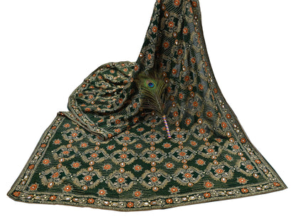 Indian Vintage Bottle Green Saree Pure Georgette Silk Hand Beaded Sari Craft Fabric 5Yd Zari Ethnic Bridal/Wedding Sarees Bollywood sari
