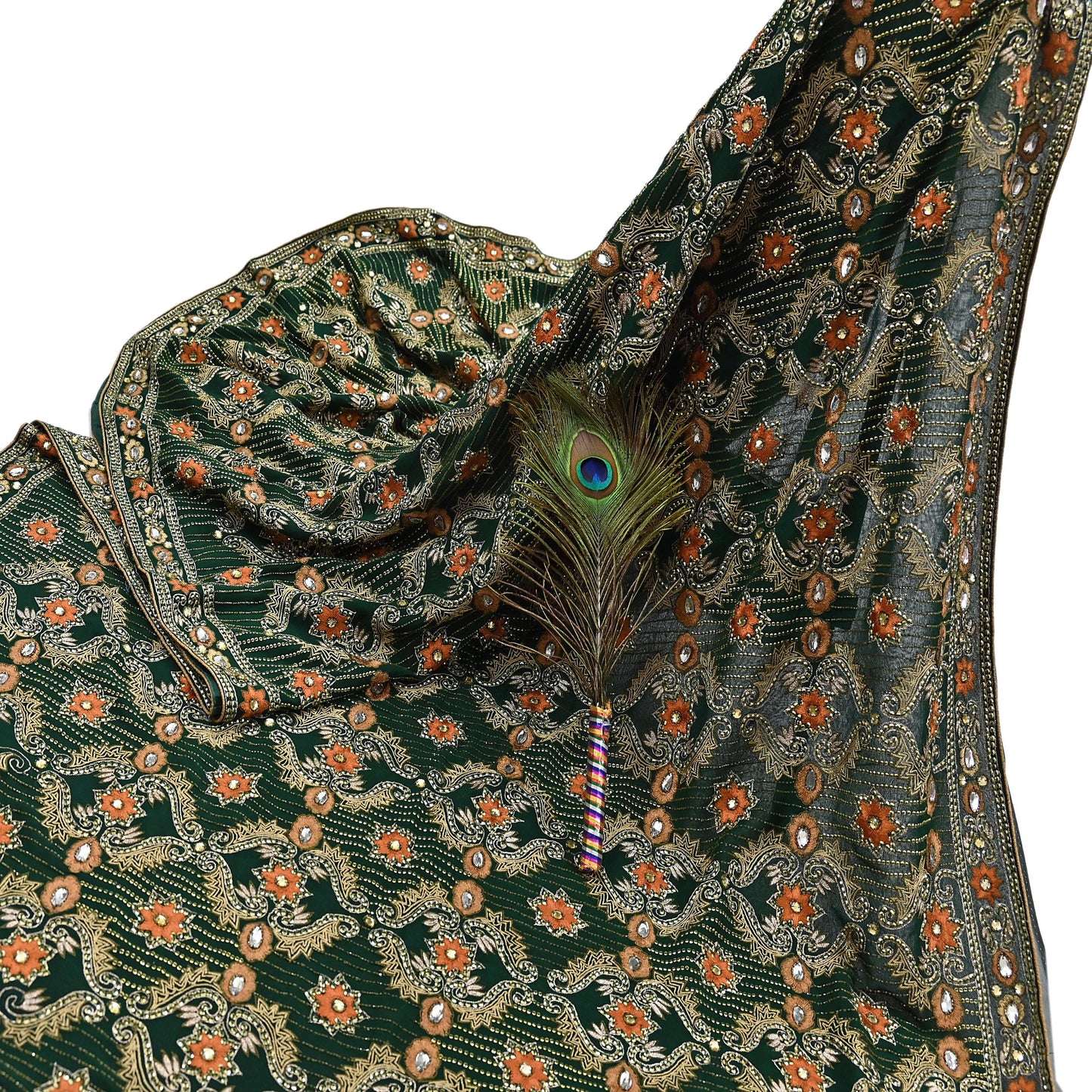 Indian Vintage Bottle Green Saree Pure Georgette Silk Hand Beaded Sari Craft Fabric 5Yd Zari Ethnic Bridal/Wedding Sarees Bollywood sari