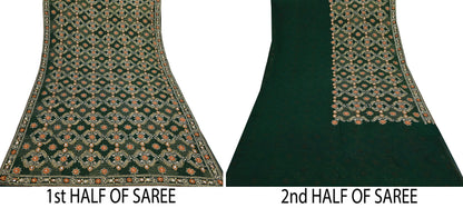 Indian Vintage Bottle Green Saree Pure Georgette Silk Hand Beaded Sari Craft Fabric 5Yd Zari Ethnic Bridal/Wedding Sarees Bollywood sari