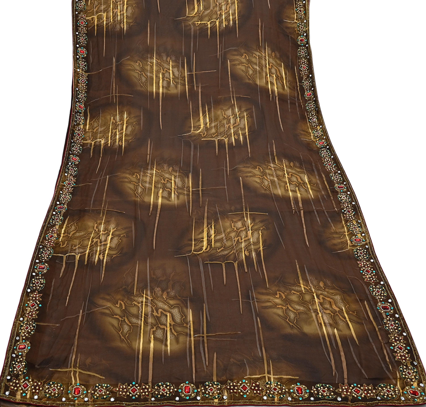 Indian Vintage Brown Saree Pure Georgette Silk Hand Embroidered Brasso Indian Sari Fabric 5Yard Sewing Soft Ethnic