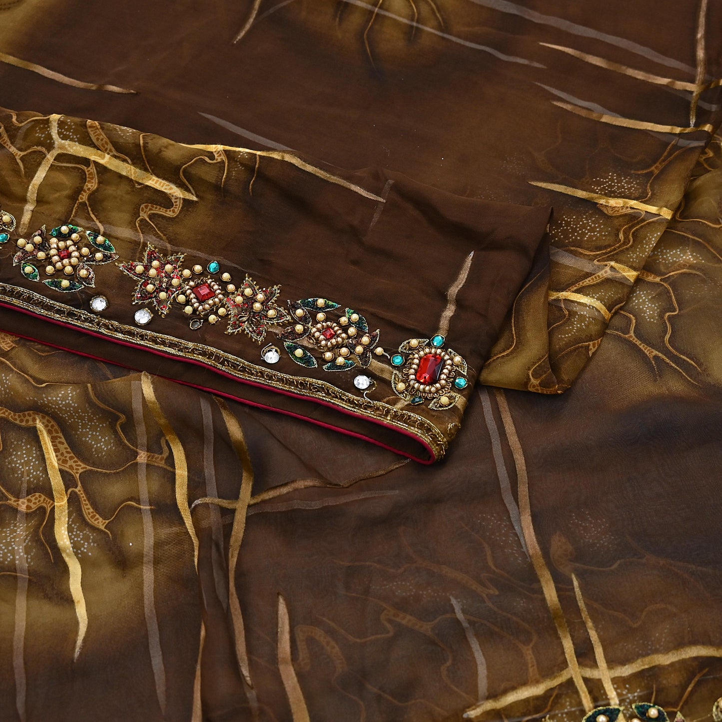 Indian Vintage Brown Saree Pure Georgette Silk Hand Embroidered Brasso Indian Sari Fabric 5Yard Sewing Soft Ethnic