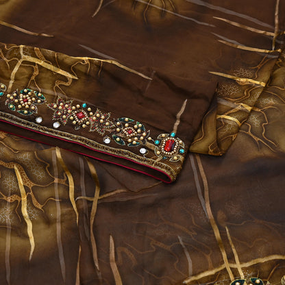 Indian Vintage Brown Saree Pure Georgette Silk Hand Embroidered Brasso Indian Sari Fabric 5Yard Sewing Soft Ethnic