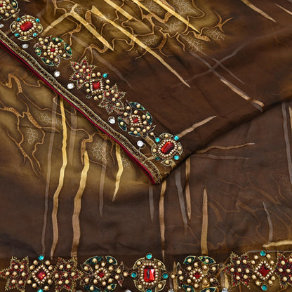 Indian Vintage Brown Saree Pure Georgette Silk Hand Embroidered Brasso Indian Sari Fabric 5Yard Sewing Soft Ethnic