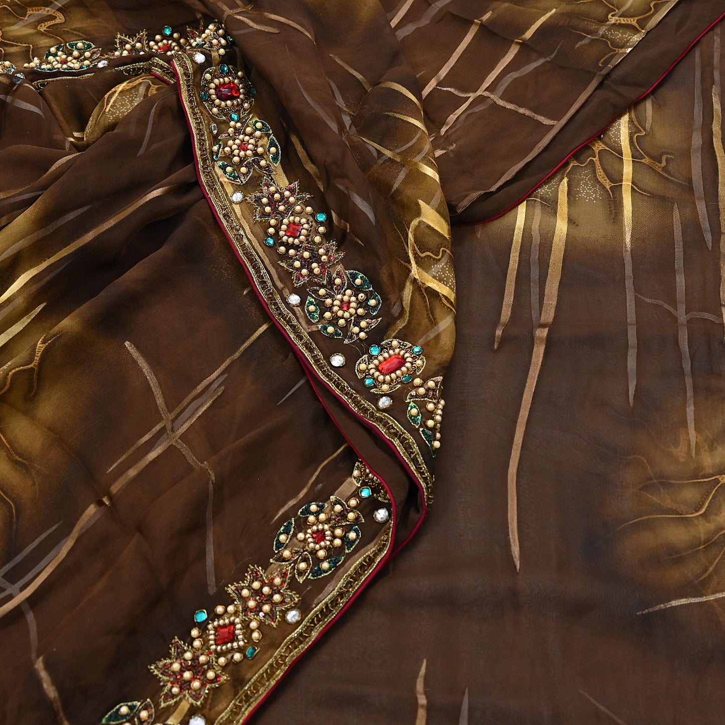 Indian Vintage Brown Saree Pure Georgette Silk Hand Embroidered Brasso Indian Sari Fabric 5Yard Sewing Soft Ethnic