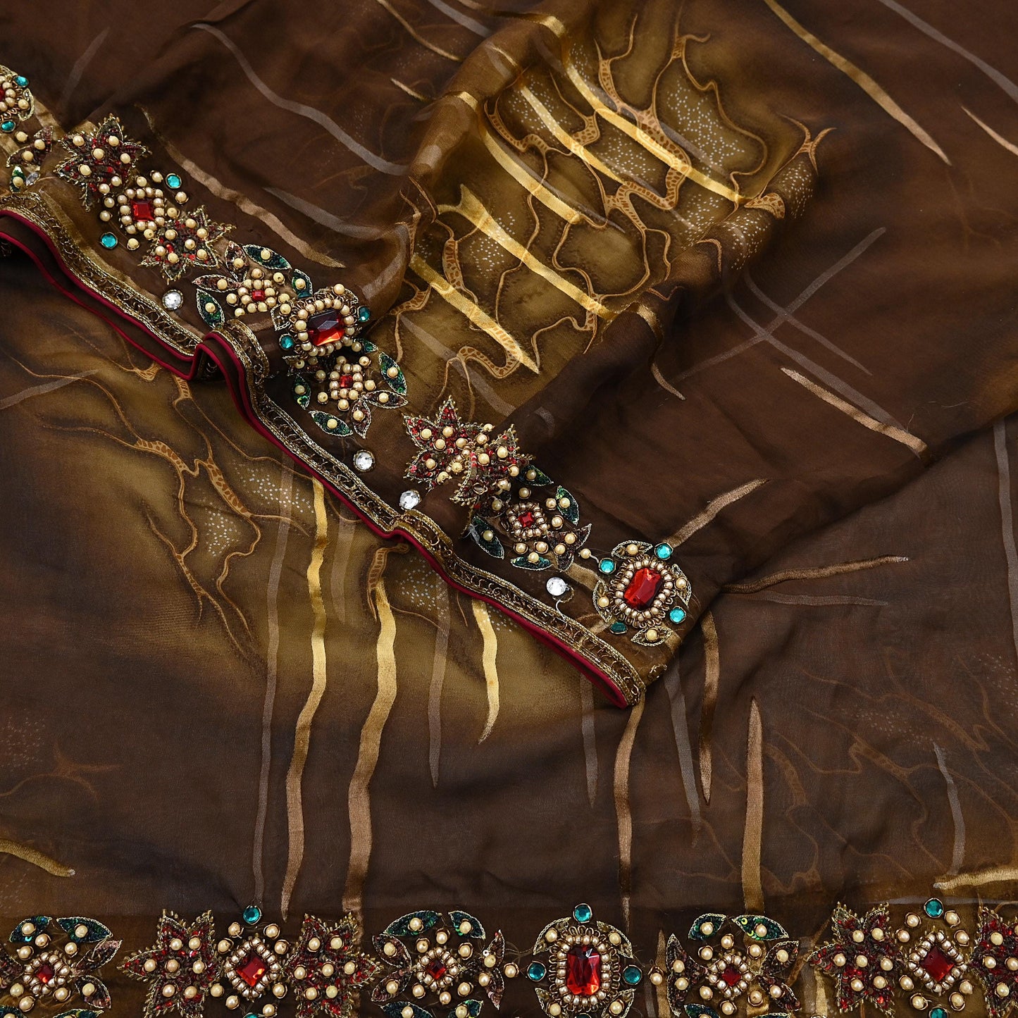 Indian Vintage Brown Saree Pure Georgette Silk Hand Embroidered Brasso Indian Sari Fabric 5Yard Sewing Soft Ethnic