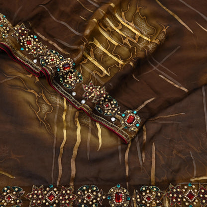 Indian Vintage Brown Saree Pure Georgette Silk Hand Embroidered Brasso Indian Sari Fabric 5Yard Sewing Soft Ethnic