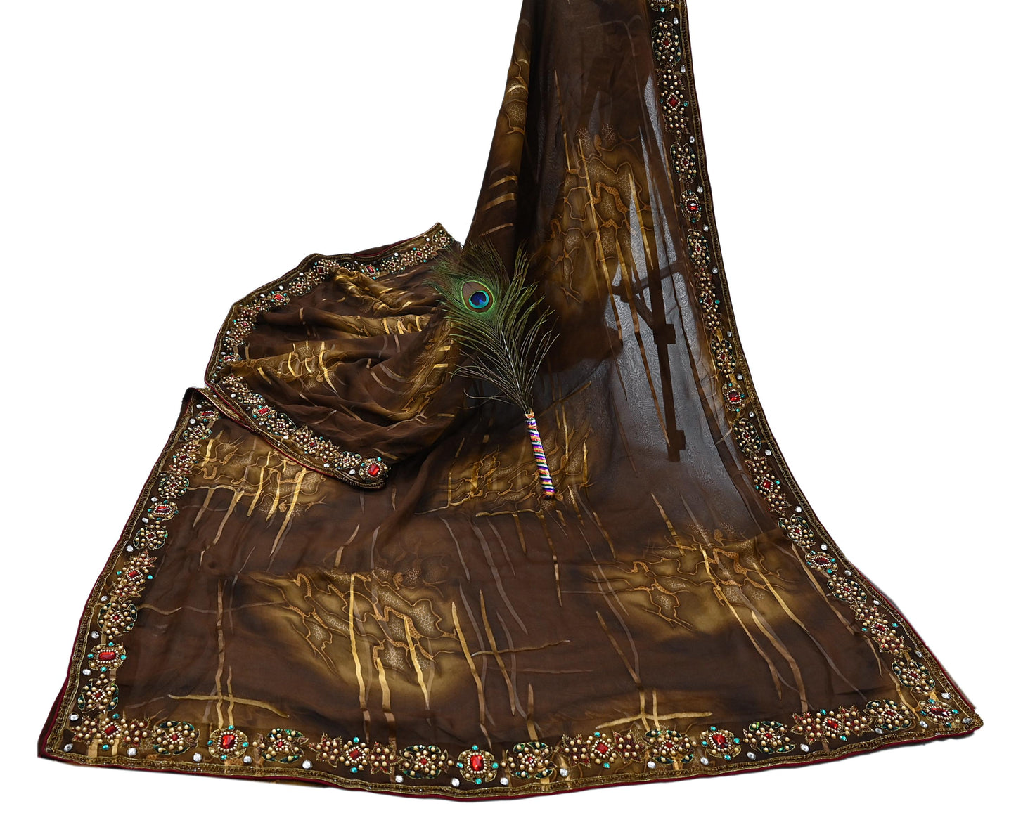 Indian Vintage Brown Saree Pure Georgette Silk Hand Embroidered Brasso Indian Sari Fabric 5Yard Sewing Soft Ethnic
