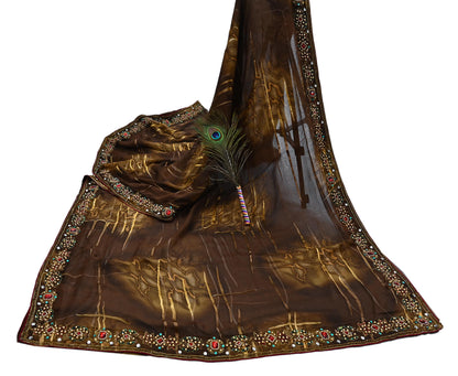 Indian Vintage Brown Saree Pure Georgette Silk Hand Embroidered Brasso Indian Sari Fabric 5Yard Sewing Soft Ethnic