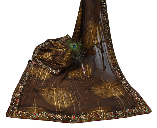 Indian Vintage Brown Saree Pure Georgette Silk Hand Embroidered Brasso Indian Sari Fabric 5Yard Sewing Soft Ethnic