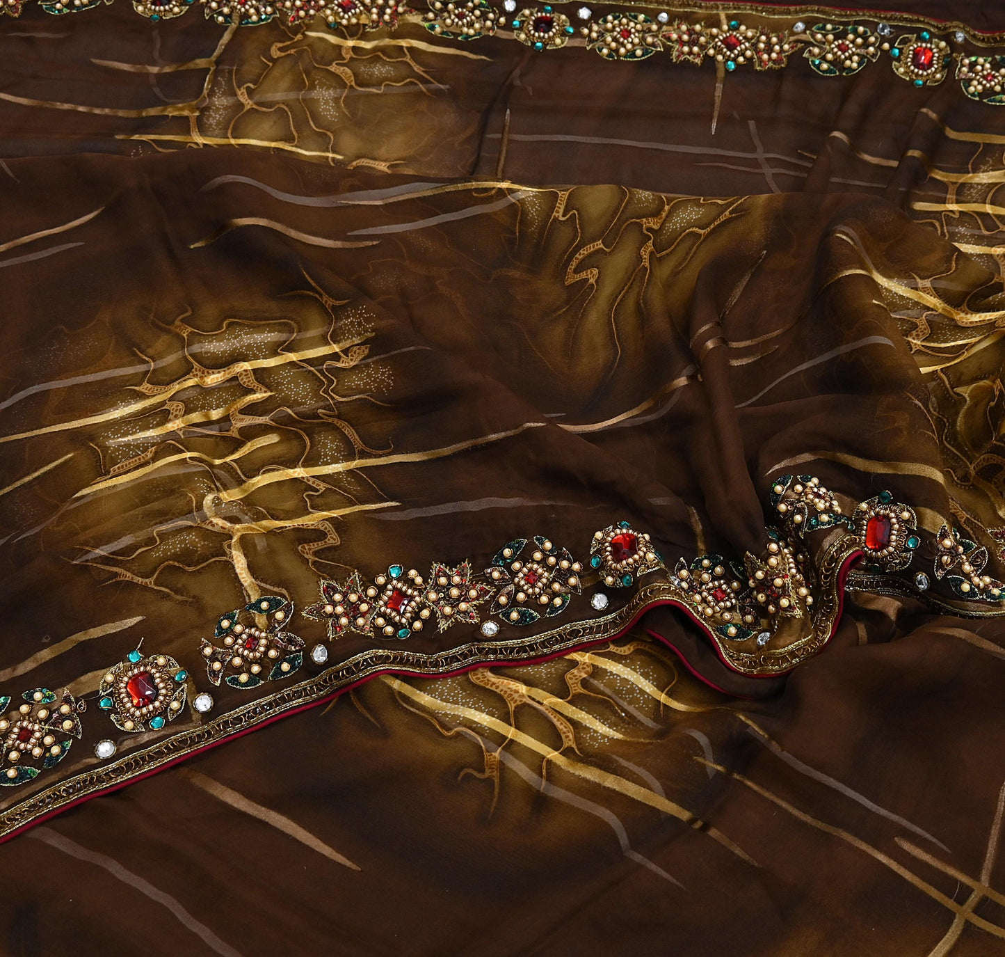 Indian Vintage Brown Saree Pure Georgette Silk Hand Embroidered Brasso Indian Sari Fabric 5Yard Sewing Soft Ethnic