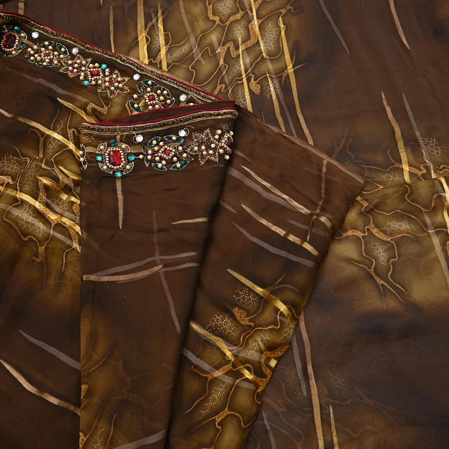 Indian Vintage Brown Saree Pure Georgette Silk Hand Embroidered Brasso Indian Sari Fabric 5Yard Sewing Soft Ethnic