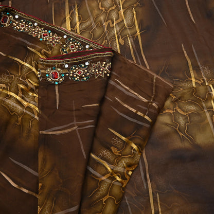 Indian Vintage Brown Saree Pure Georgette Silk Hand Embroidered Brasso Indian Sari Fabric 5Yard Sewing Soft Ethnic