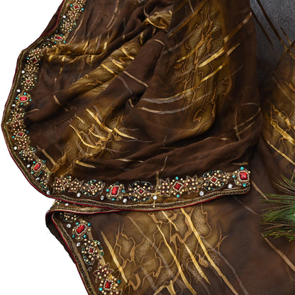 Indian Vintage Brown Saree Pure Georgette Silk Hand Embroidered Brasso Indian Sari Fabric 5Yard Sewing Soft Ethnic