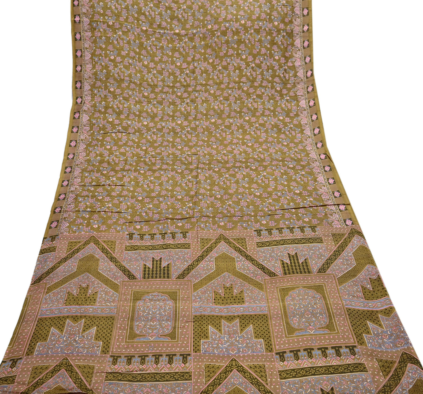 Vintage Green Pure Silk Saree Indian Printed Floral Silk Fabric 5 Yard Soft Sewing Material for Dressmaking, Quilting Crafts