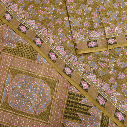 Vintage Green Pure Silk Saree Indian Printed Floral Silk Fabric 5 Yard Soft Sewing Material for Dressmaking, Quilting Crafts