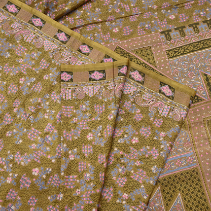 Vintage Green Pure Silk Saree Indian Printed Floral Silk Fabric 5 Yard Soft Sewing Material for Dressmaking, Quilting Crafts