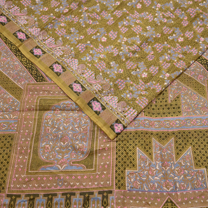 Vintage Green Pure Silk Saree Indian Printed Floral Silk Fabric 5 Yard Soft Sewing Material for Dressmaking, Quilting Crafts