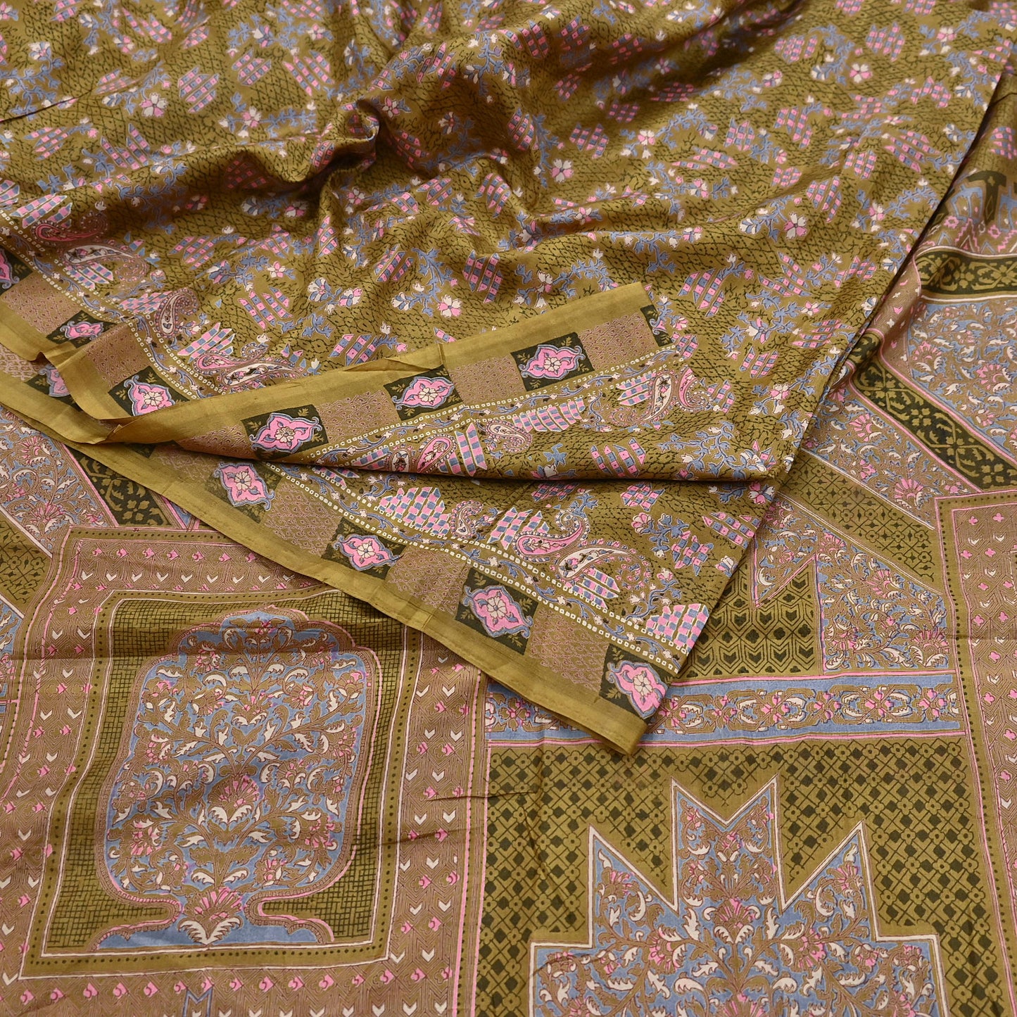 Vintage Green Pure Silk Saree Indian Printed Floral Silk Fabric 5 Yard Soft Sewing Material for Dressmaking, Quilting Crafts