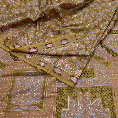 Vintage Green Pure Silk Saree Indian Printed Floral Silk Fabric 5 Yard Soft Sewing Material for Dressmaking, Quilting Crafts