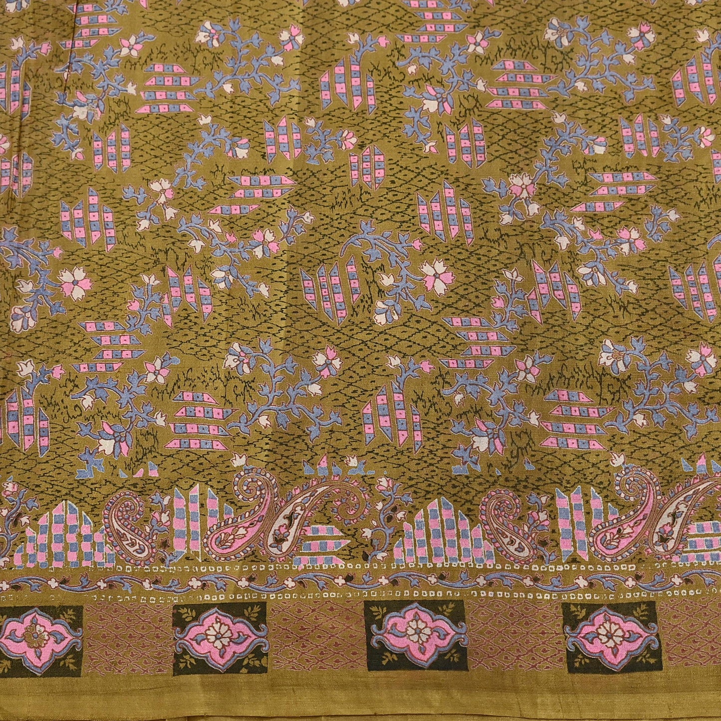 Vintage Green Pure Silk Saree Indian Printed Floral Silk Fabric 5 Yard Soft Sewing Material for Dressmaking, Quilting Crafts