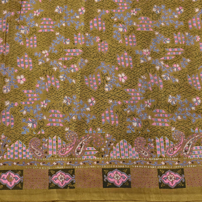 Vintage Green Pure Silk Saree Indian Printed Floral Silk Fabric 5 Yard Soft Sewing Material for Dressmaking, Quilting Crafts