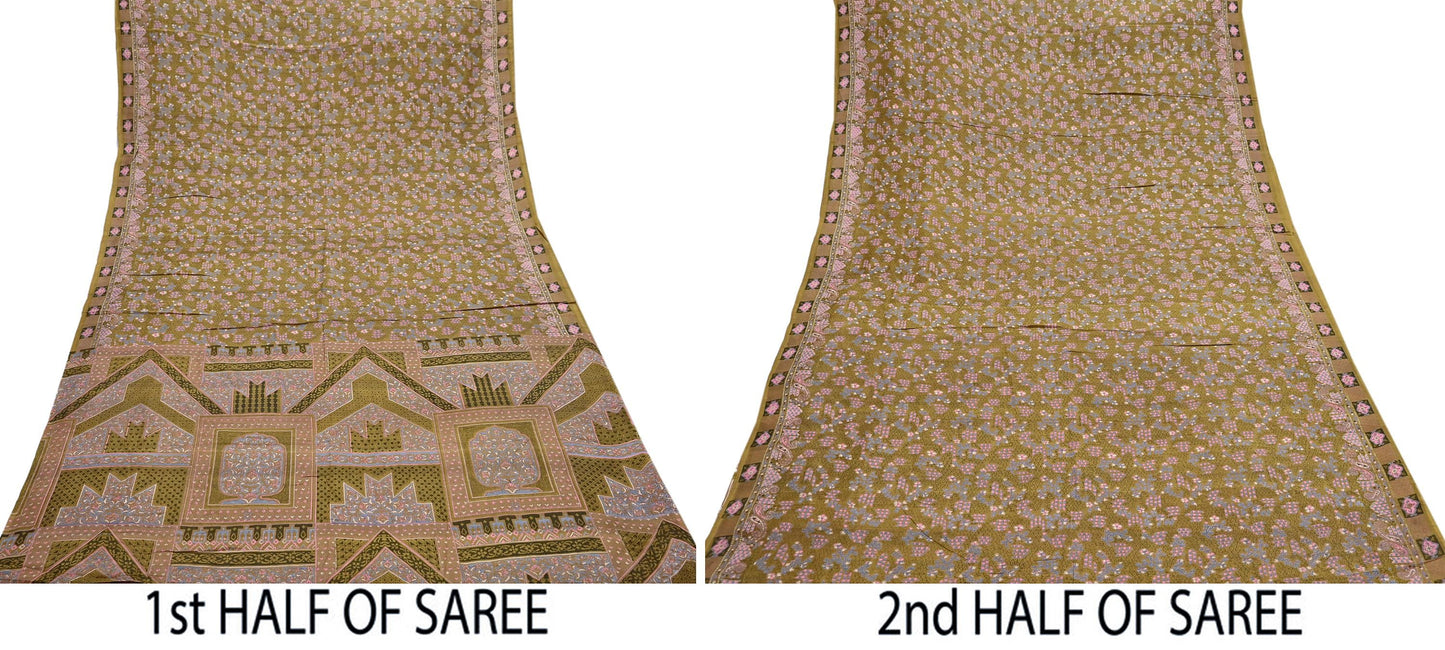 Vintage Green Pure Silk Saree Indian Printed Floral Silk Fabric 5 Yard Soft Sewing Material for Dressmaking, Quilting Crafts
