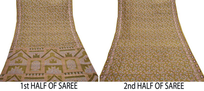Vintage Green Pure Silk Saree Indian Printed Floral Silk Fabric 5 Yard Soft Sewing Material for Dressmaking, Quilting Crafts