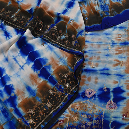 Indian Vintage Saree Pure Crepe Silk Hand Embroidered Tie-Dye Sari Fabric 6yard Sewing Craft Fabric Ethnic Dressmaking Crafting Zardozi Zari