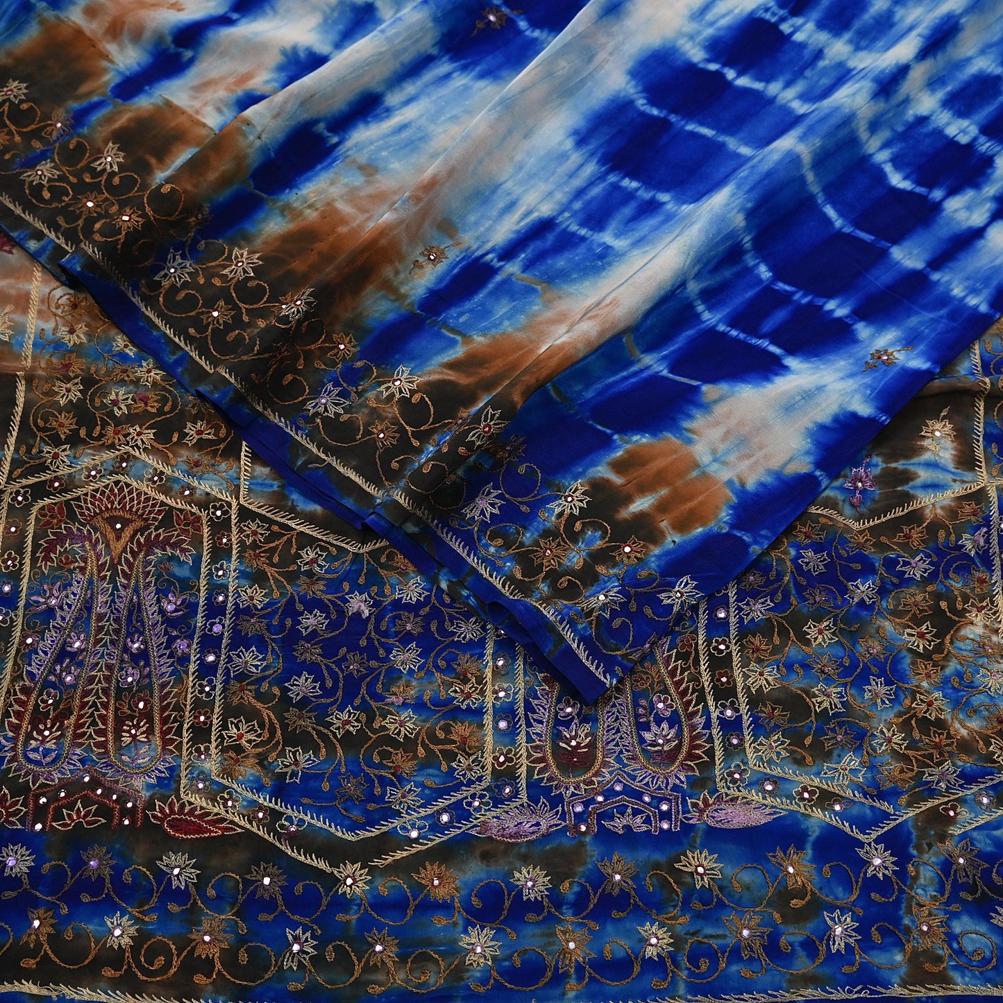 Indian Vintage Saree Pure Crepe Silk Hand Embroidered Tie-Dye Sari Fabric 6yard Sewing Craft Fabric Ethnic Dressmaking Crafting Zardozi Zari