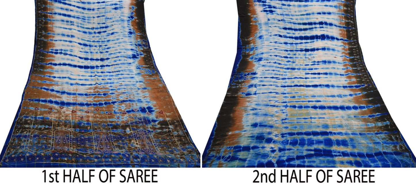 Indian Vintage Saree Pure Crepe Silk Hand Embroidered Tie-Dye Sari Fabric 6yard Sewing Craft Fabric Ethnic Dressmaking Crafting Zardozi Zari