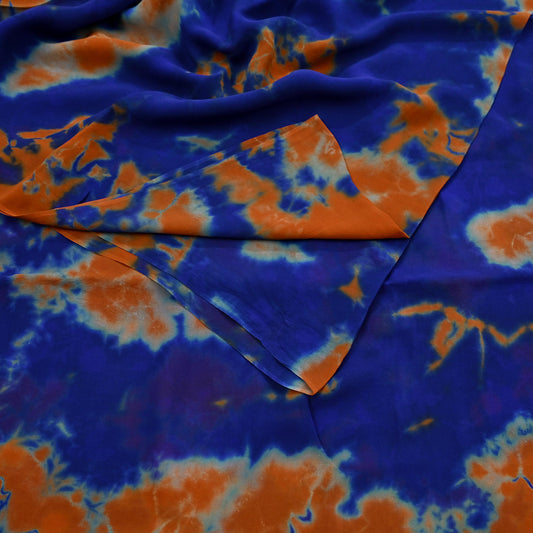 Indian Vintage Orange & Blue Saree Pure Georgette Silk Leheria Tie-dye Printed Sari Craft Fabric Sewing 5Yard Soft Light Sari Dress Making