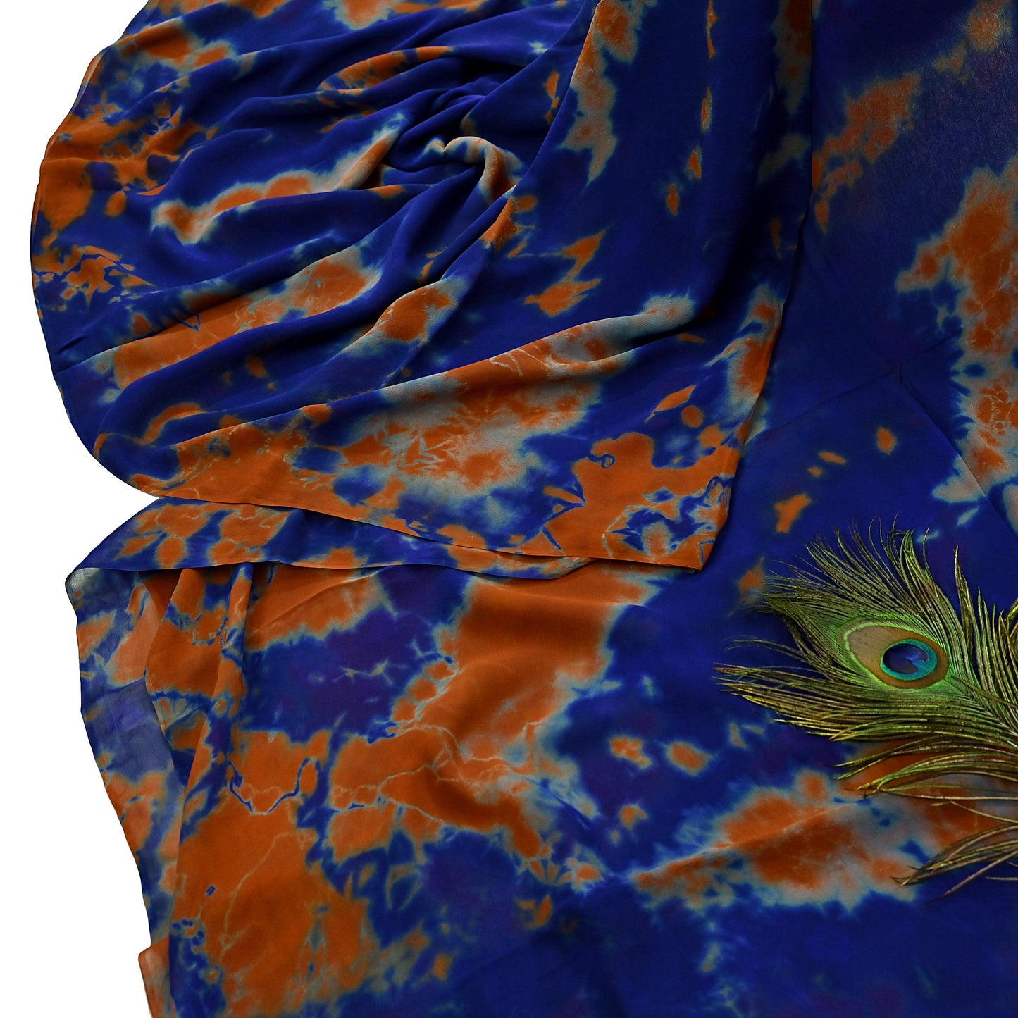 Indian Vintage Orange & Blue Saree Pure Georgette Silk Leheria Tie-dye Printed Sari Craft Fabric Sewing 5Yard Soft Light Sari Dress Making