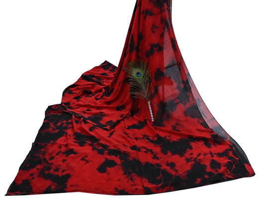Indian Vintage Red & Black Saree Pure Georgette Silk Leheria Tie-dye Printed Sari Craft Fabric Sewing 5Yd Soft Light Sari Dress Making