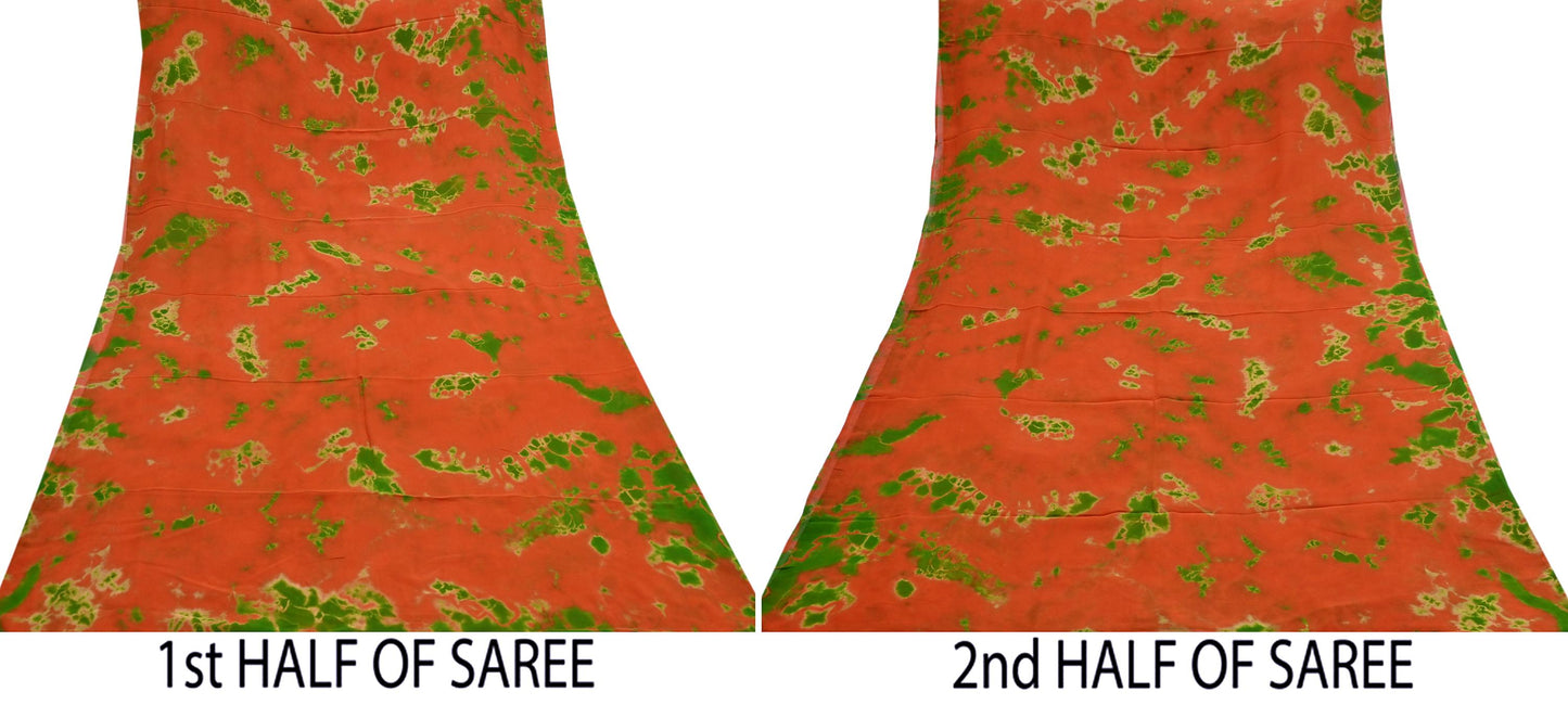Indian Vintage orange & Green Saree Pure Georgette Silk Leheria Tie-dye Printed Sari Craft Fabric Sewing 5Yard Soft Light Sari Dress Making