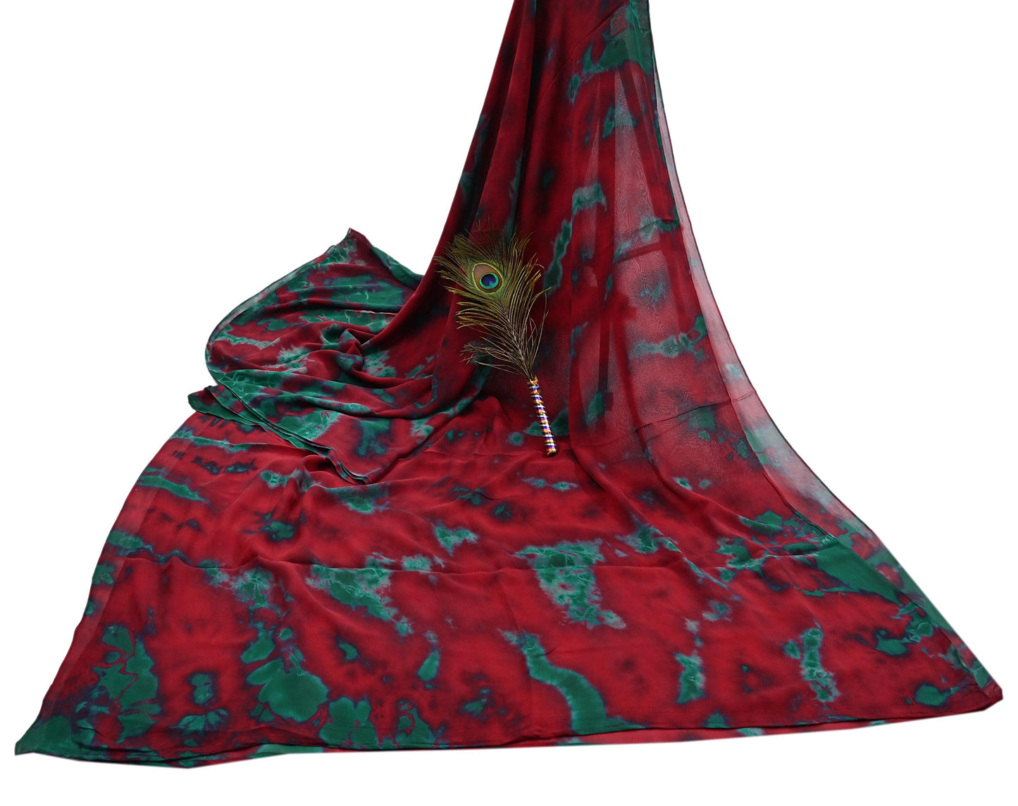 Indian Vintage Green & Red Saree Pure Georgette Silk Leheria Tie-dye Printed Sari Craft Fabric Sewing 5Yard Soft Light Sari Dress Making