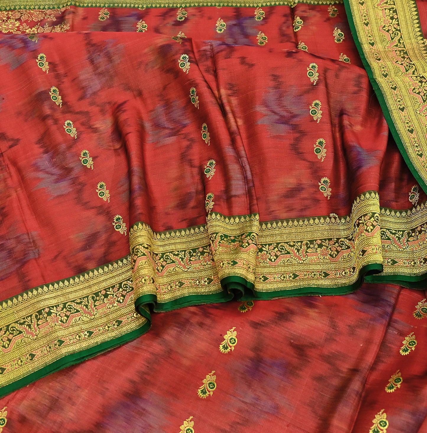 Indian Vintage Green & Orange Heavy Wedding Saree Pure Satin Silk Woven Brocade Banarasi Sarees Sari Fabric Golden Zari 5Yd
