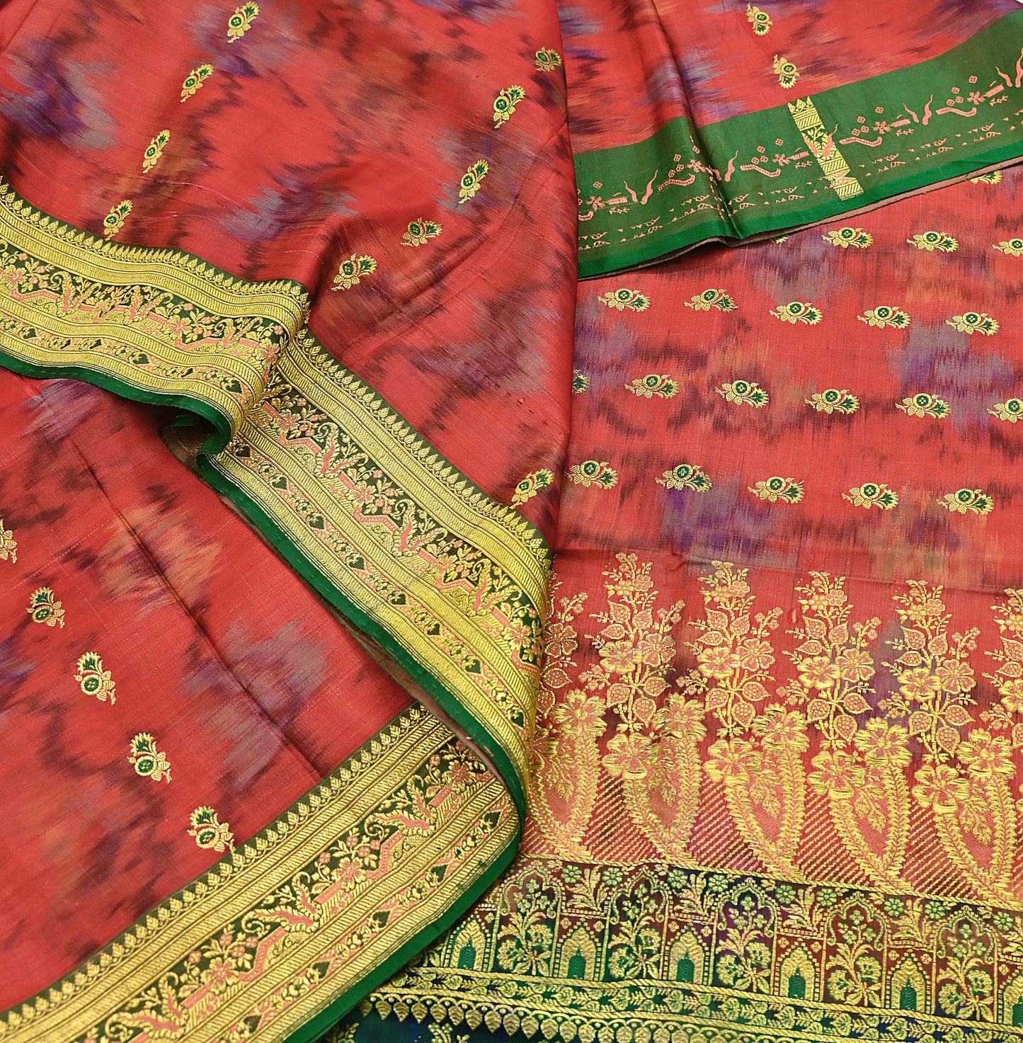 Indian Vintage Green & Orange Heavy Wedding Saree Pure Satin Silk Woven Brocade Banarasi Sarees Sari Fabric Golden Zari 5Yd