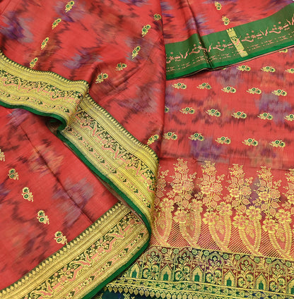 Indian Vintage Green & Orange Heavy Wedding Saree Pure Satin Silk Woven Brocade Banarasi Sarees Sari Fabric Golden Zari 5Yd