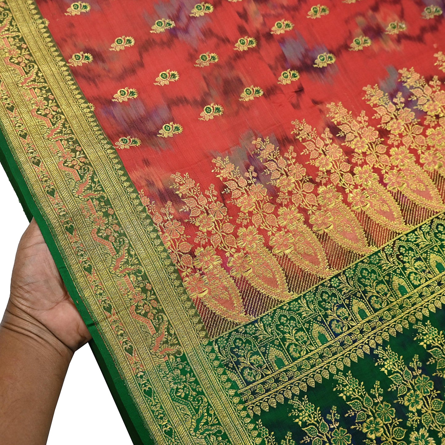 Indian Vintage Green & Orange Heavy Wedding Saree Pure Satin Silk Woven Brocade Banarasi Sarees Sari Fabric Golden Zari 5Yd
